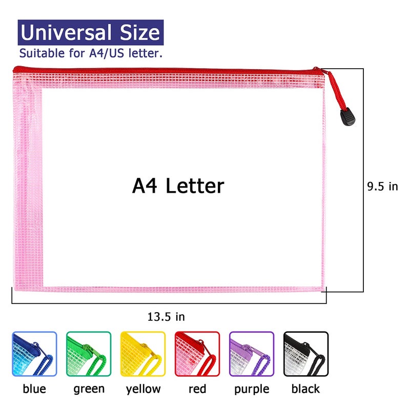 Hutou 6 Pack Mesh Zipper Pouch Document Bag Waterproof Zip File Folders for School Office Supplies Travel Storage Bags (Colorful) - Image 3